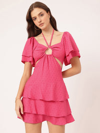 DressBerry Peony-Blush Dobby Cut-Out Layered Mini Dress