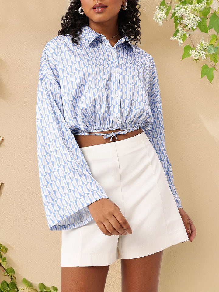 DressBerry Geometricscape Satiny Chic Tie-Up Blouson Shirt Style Crop Top