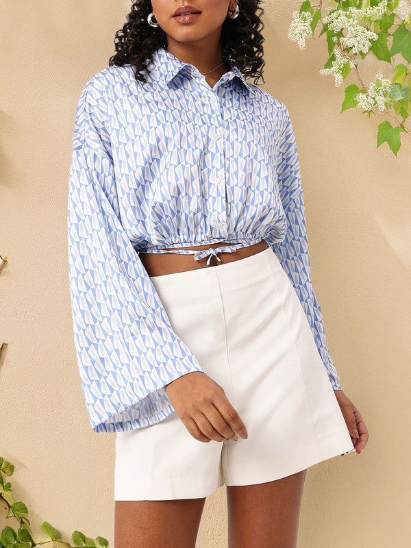 DressBerry Geometricscape Satiny Chic Tie-Up Blouson Shirt Style Crop Top