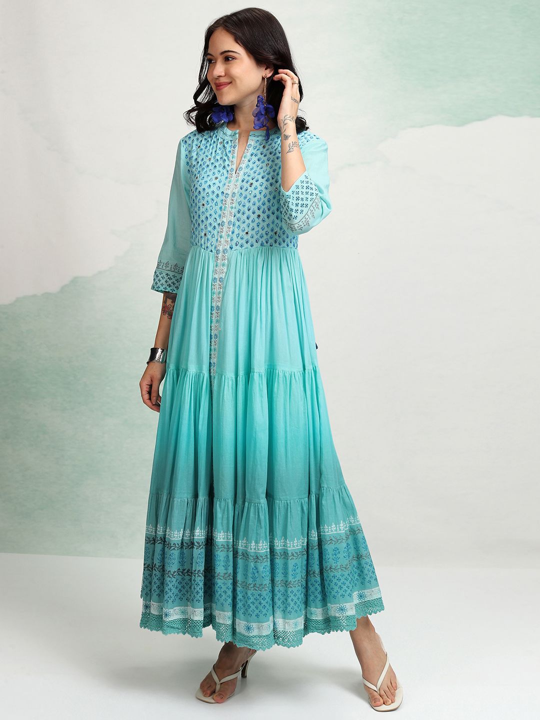Vishudh Embroidered Ethnic Tiered Maxi Dress