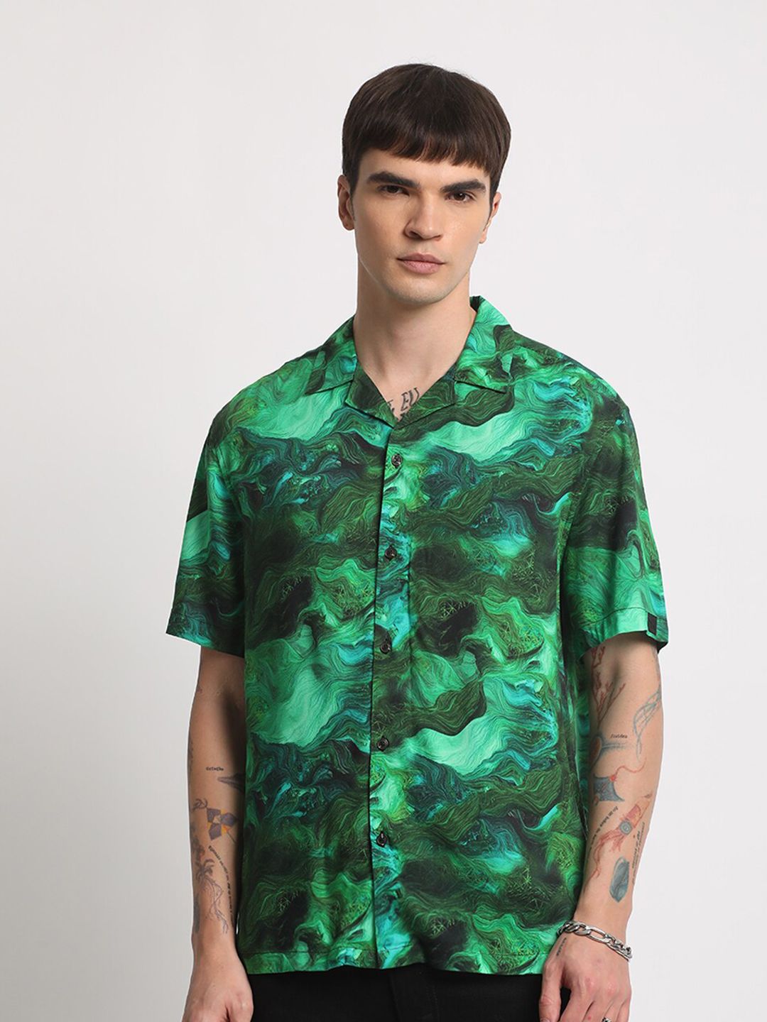 THE BEAR HOUSE Abstract Printed Cuban Collar Pure Cotton Casual Shirt