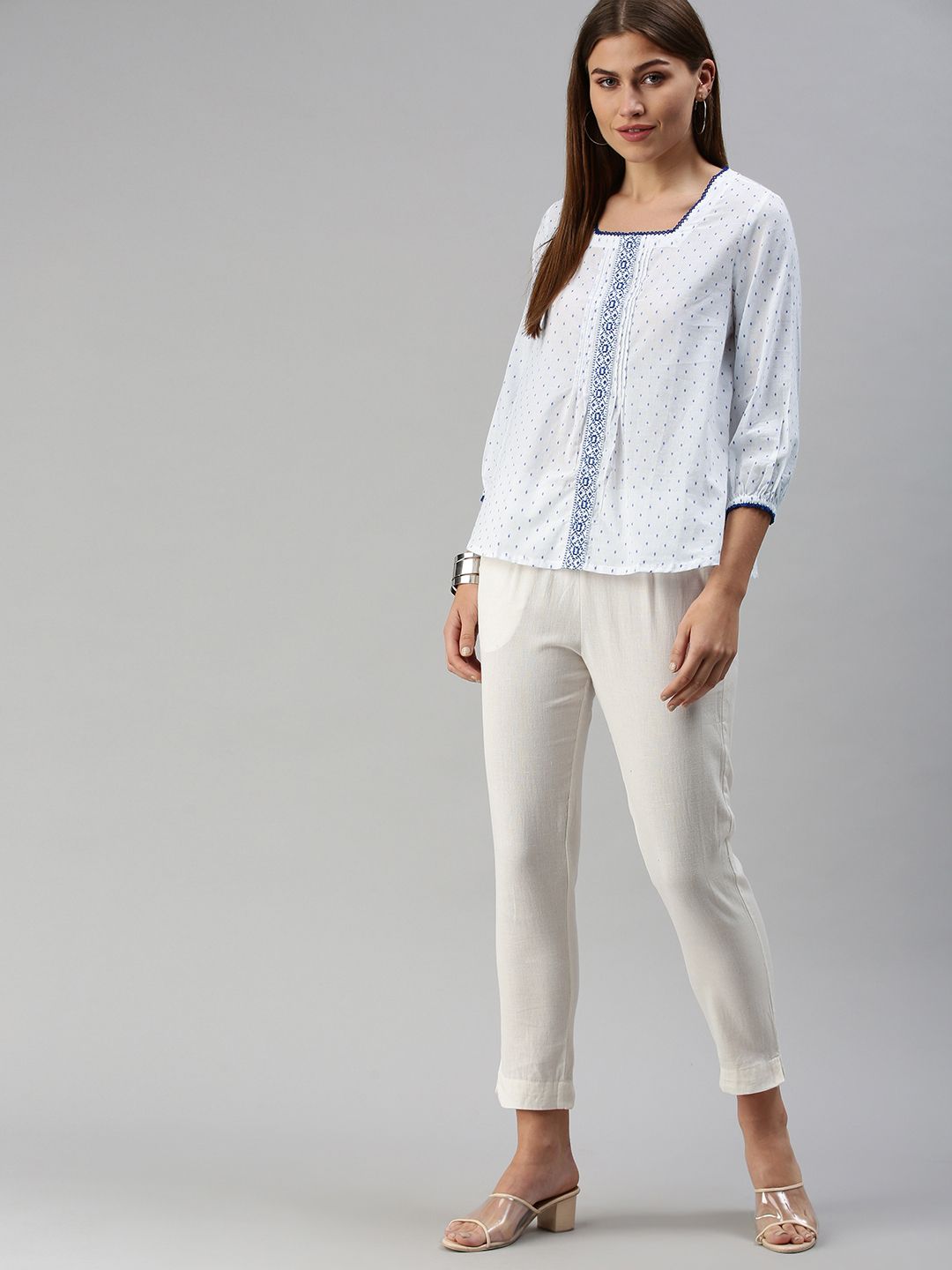 Global Desi White & Blue Embroidered Sqaure Neck Pleated Blouson Top