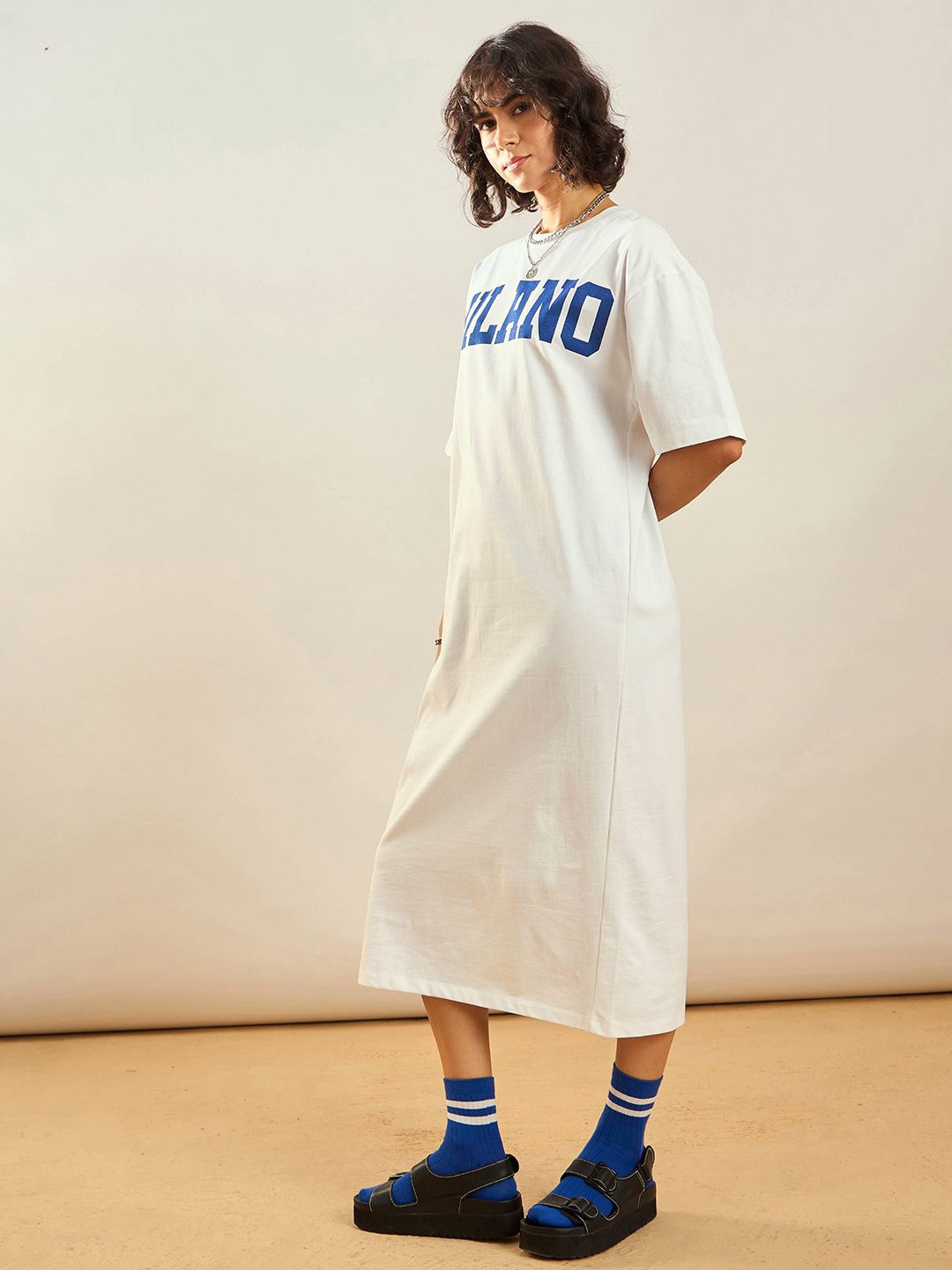 SASSAFRAS White Typographic Printed Pure Cotton Oversized T-shirt Dress