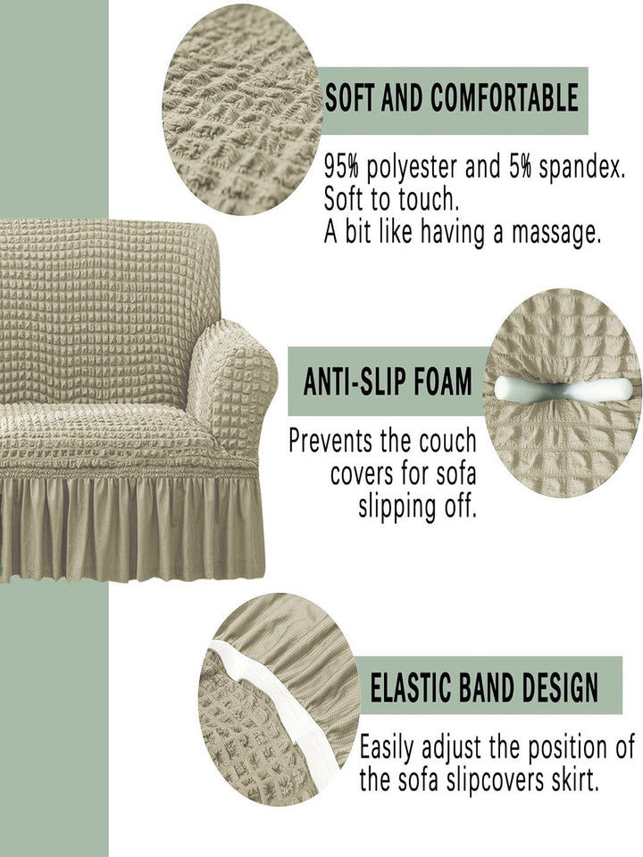 Cortina Beige Self Design Stretchable 1-Seater Sofa Cover with Skirt