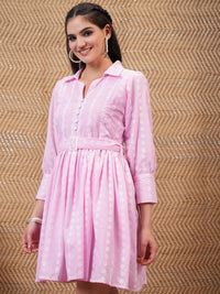 Vishudh Pink Floral Embroidered Belted Fit & Flare Dress