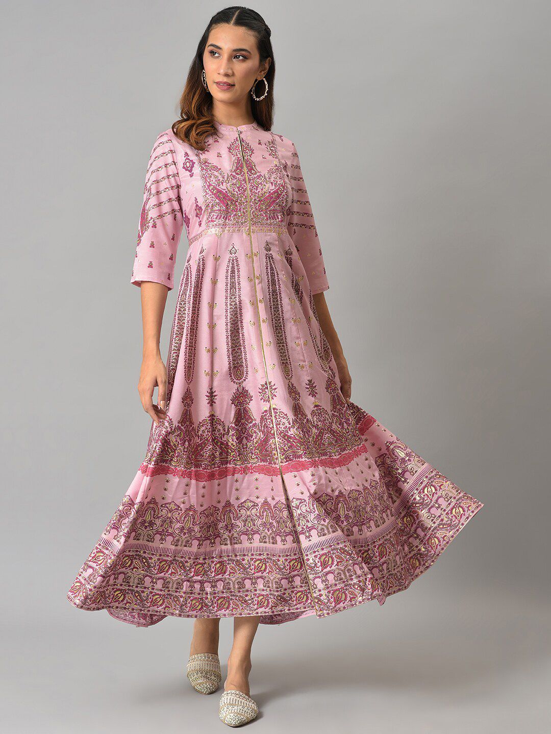 W Pink Ethnic Motifs Midi Fit And Flare Ethnic Dress