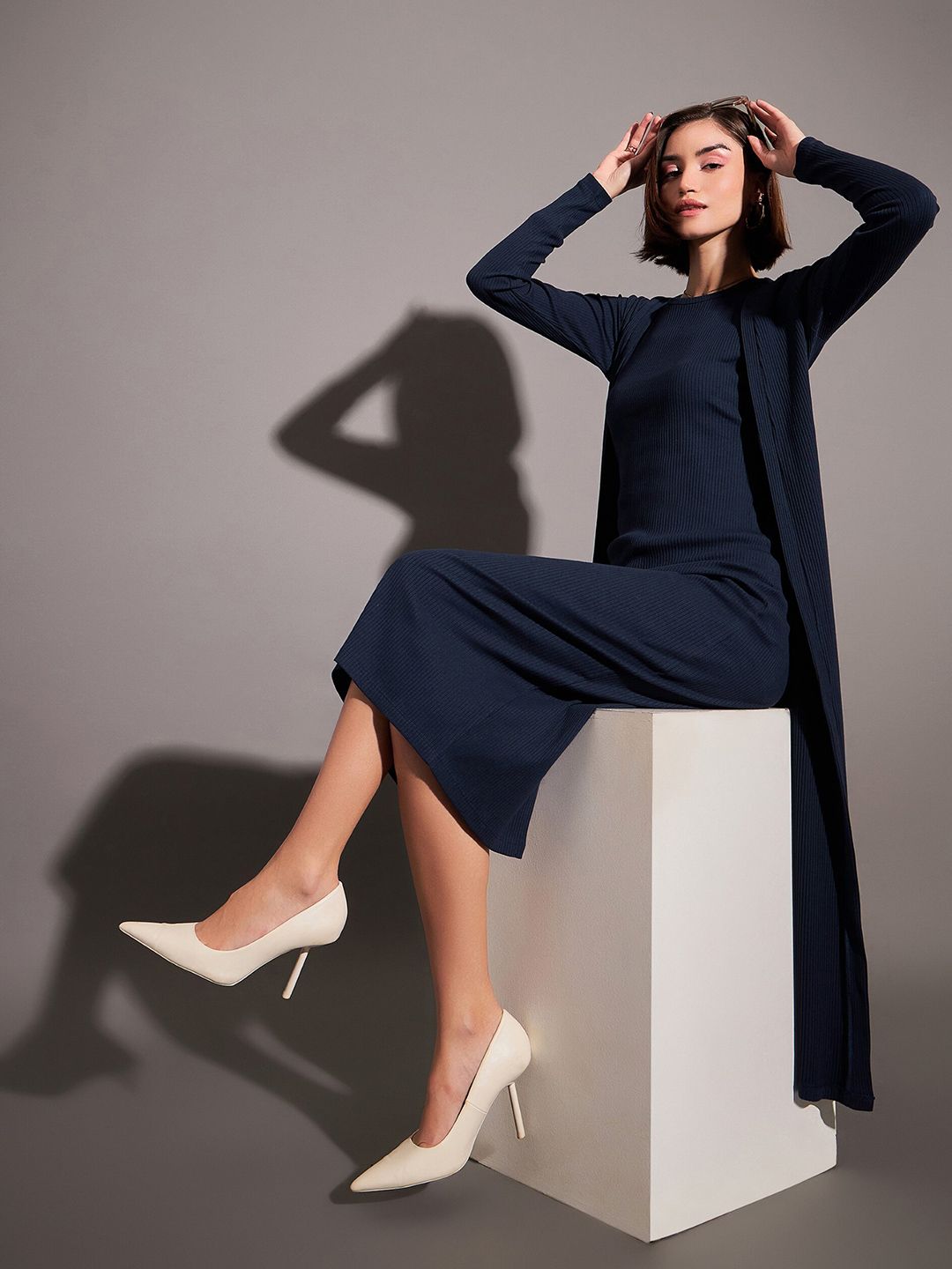 SASSAFRAS Navy Blue Self Design Longline Shrug
