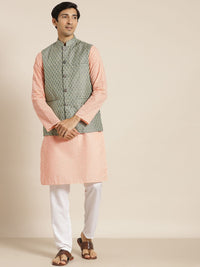 SOJANYA Lelaki Kurta Kapas Tulen Chikankari Warna Peach dengan Jaket Churidar & Nehru