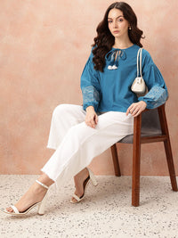 all about you Tie-Up Neck Puff Sleeves Cotton - Linen Top