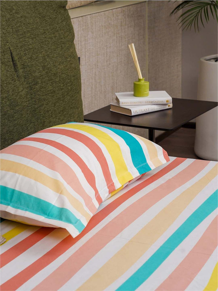 URBAN SPACE Serene White & Pink Pure Cotton 200 TC Single Bedsheet with 1 Pillow Cover