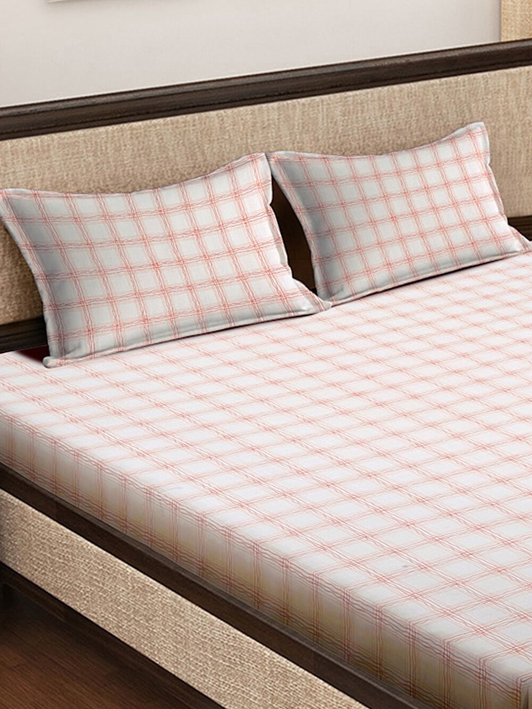 KLOTTHE Book Fold White Checked Polycotton 300 TC Fitted King Fine Bedsheet with 2 Pillow Covers-98 x 87 inches