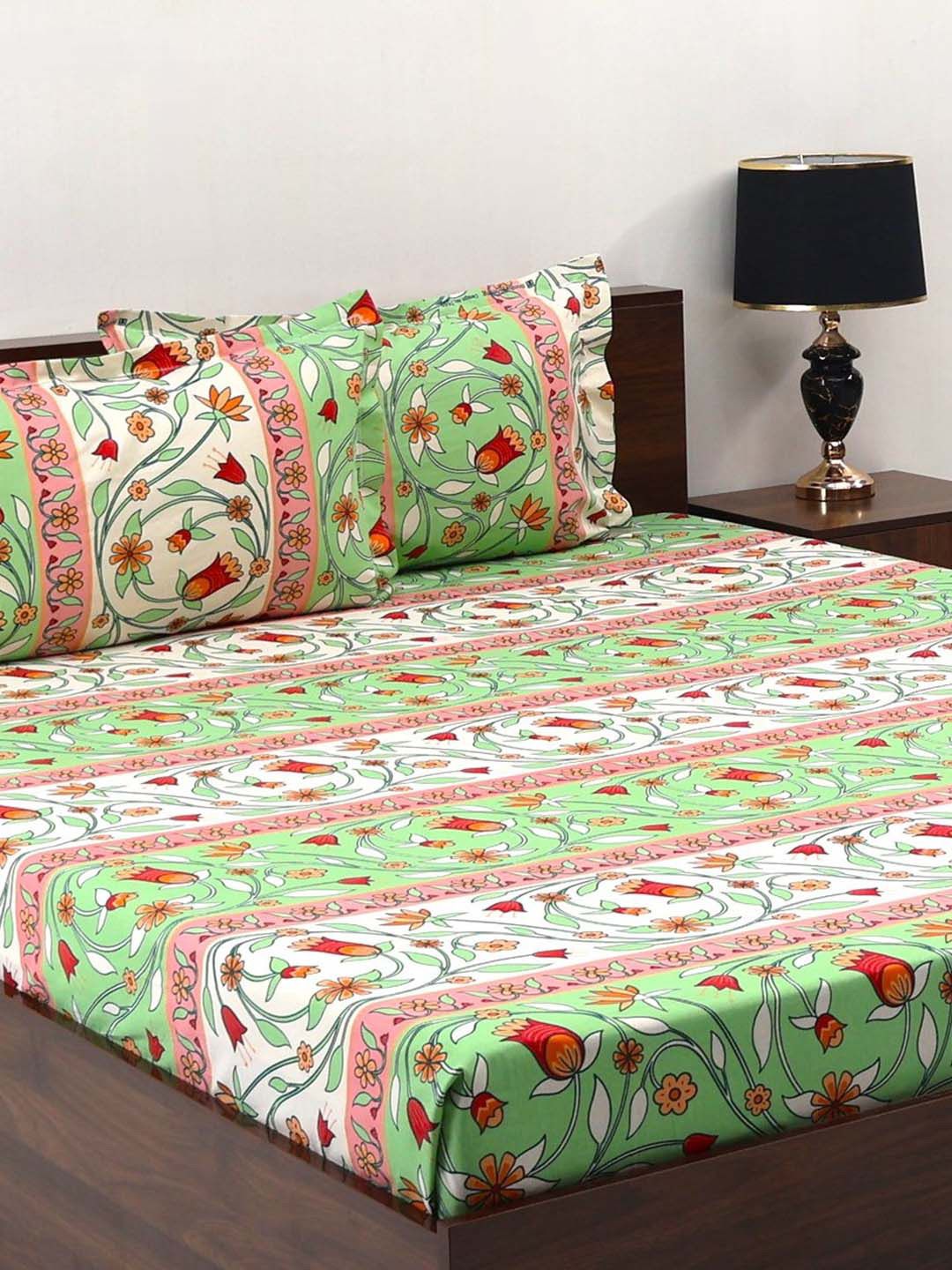 BOMBAY DYEING Cardinal Olive Green Floral 120 TC Cotton Queen Bedsheet Set-2.24 m X 2.54 m