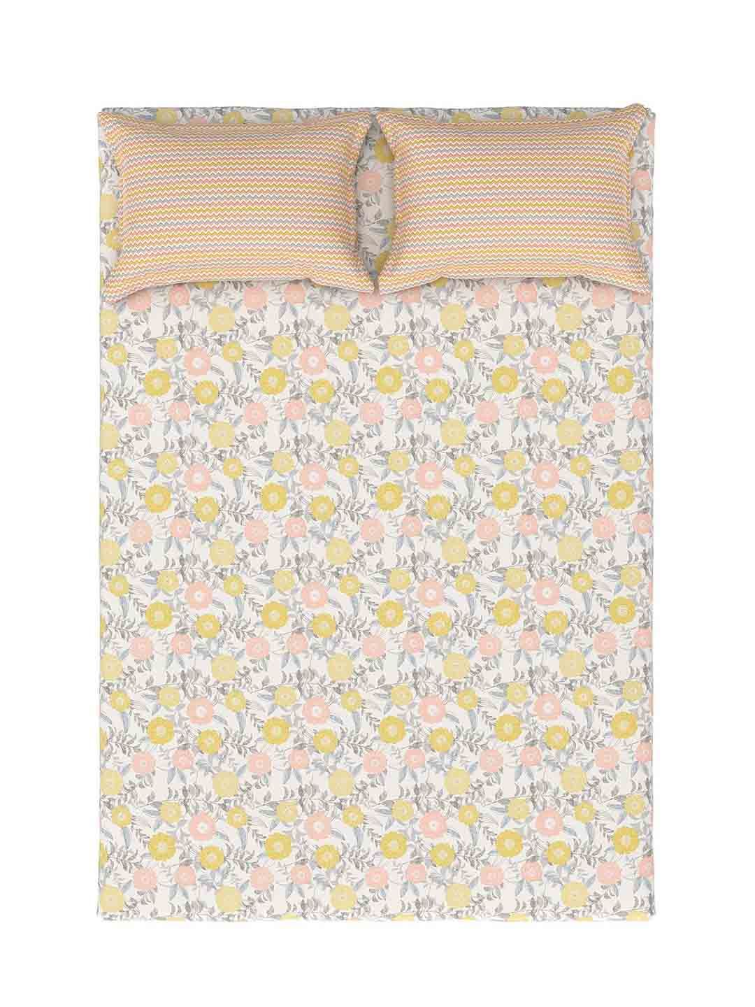 MYTRIDENT Doodle Flora Peach Flat 144TC Queen Cotton Bedsheet Set