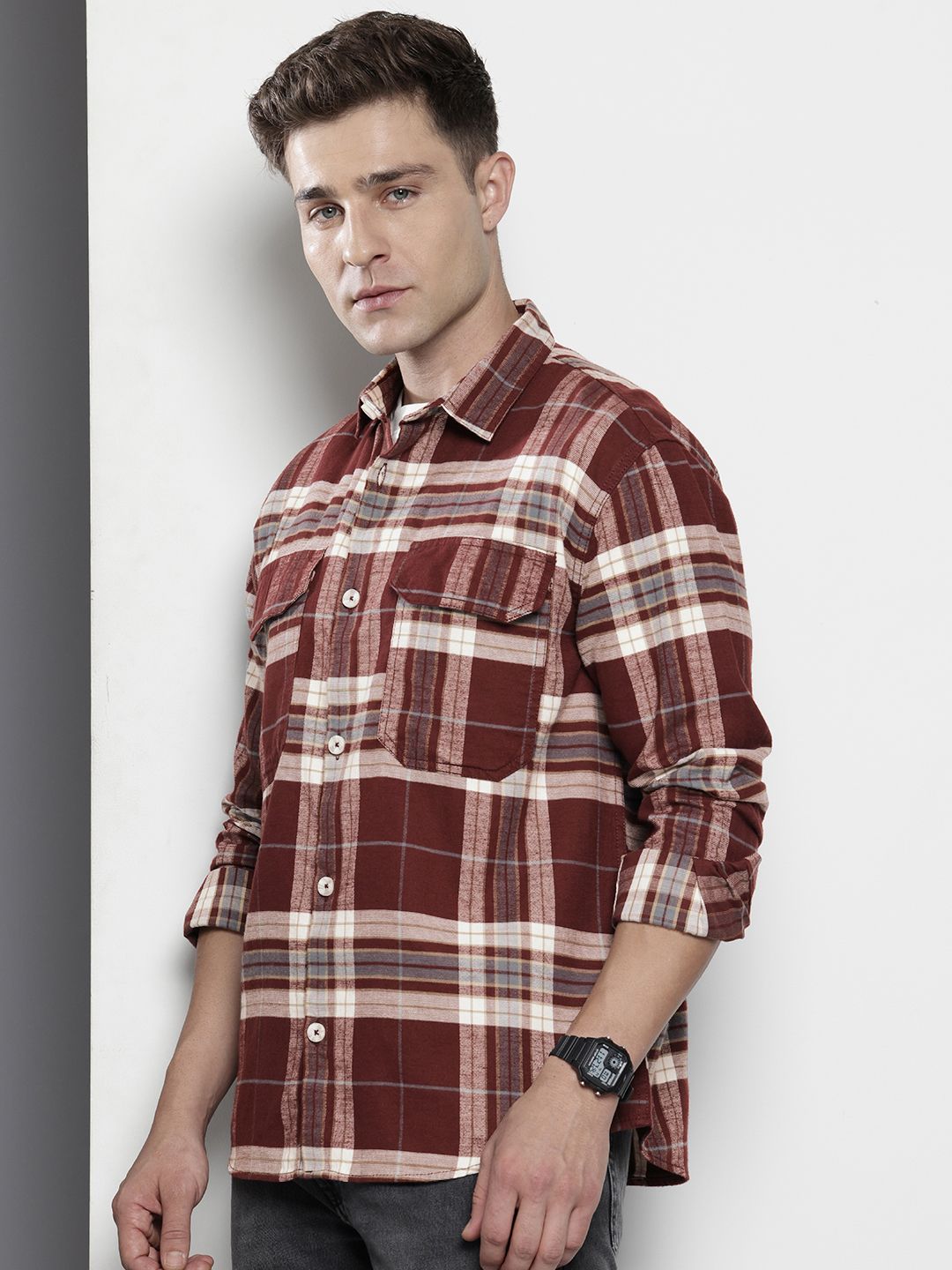 The Indian Garage Co Men Regular Fit Checkered Double Flap Casual Shirt
