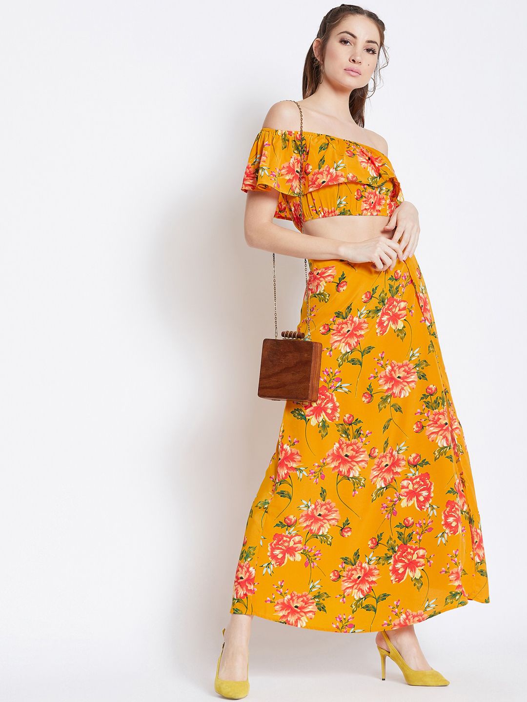 Berrylush Women Yellow & Pink Floral Printed Top with Skirt