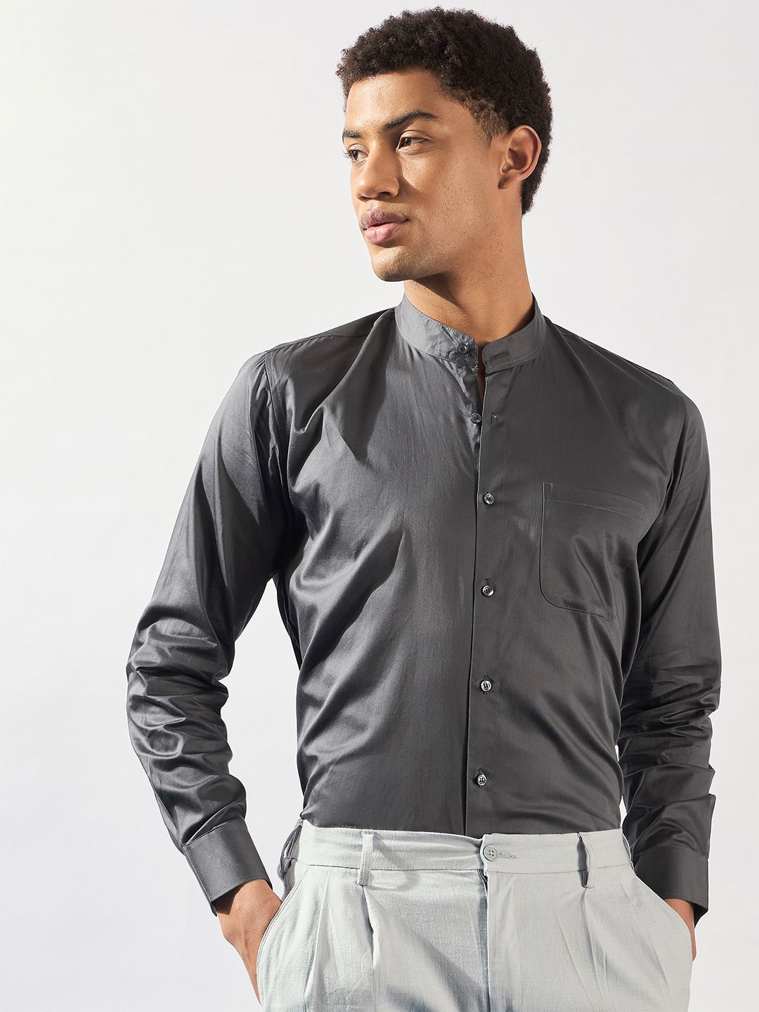 DENNISON Men Solid Mandarin Collar Smart Casual Shirt