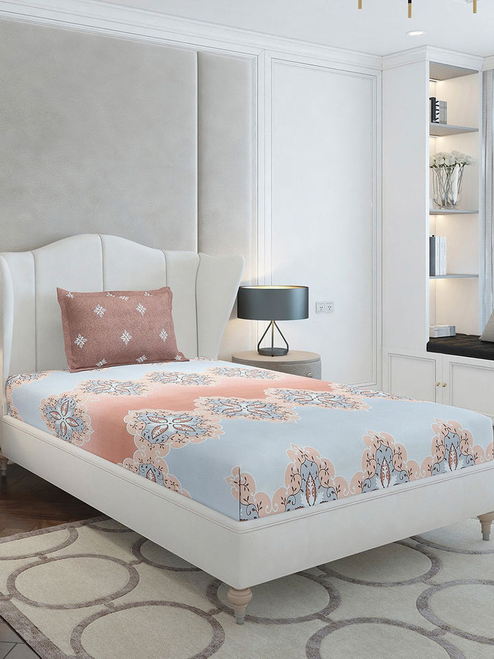 Monte Carlo Brown & Grey Ethnic Motifs Cotton 144 TC Single Bedsheet Set-2.29 m x 1.52 m