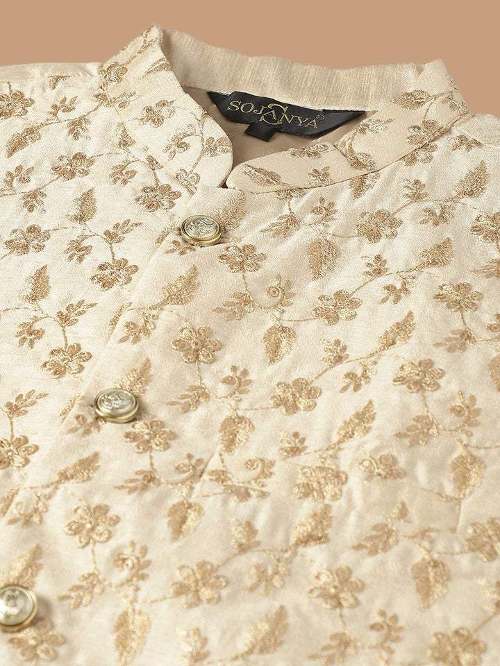 SOJANYA Ethnic Embroidered Sequinned Pure Cotton Kurta & Churidar With Nehru Jacket