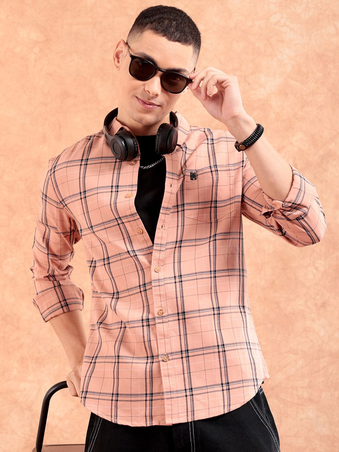 The Indian Garage Co Men Windowpane Checked Casual Shirt