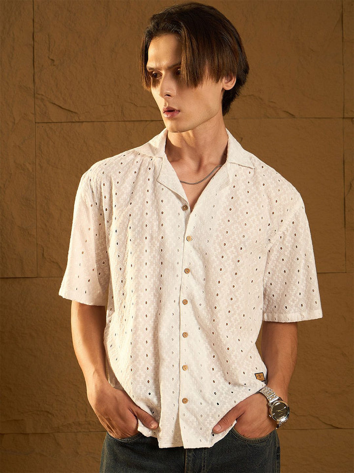 DENNISON Men Semi Sheer Drop Shoulder Oversized Schiffli Shirt