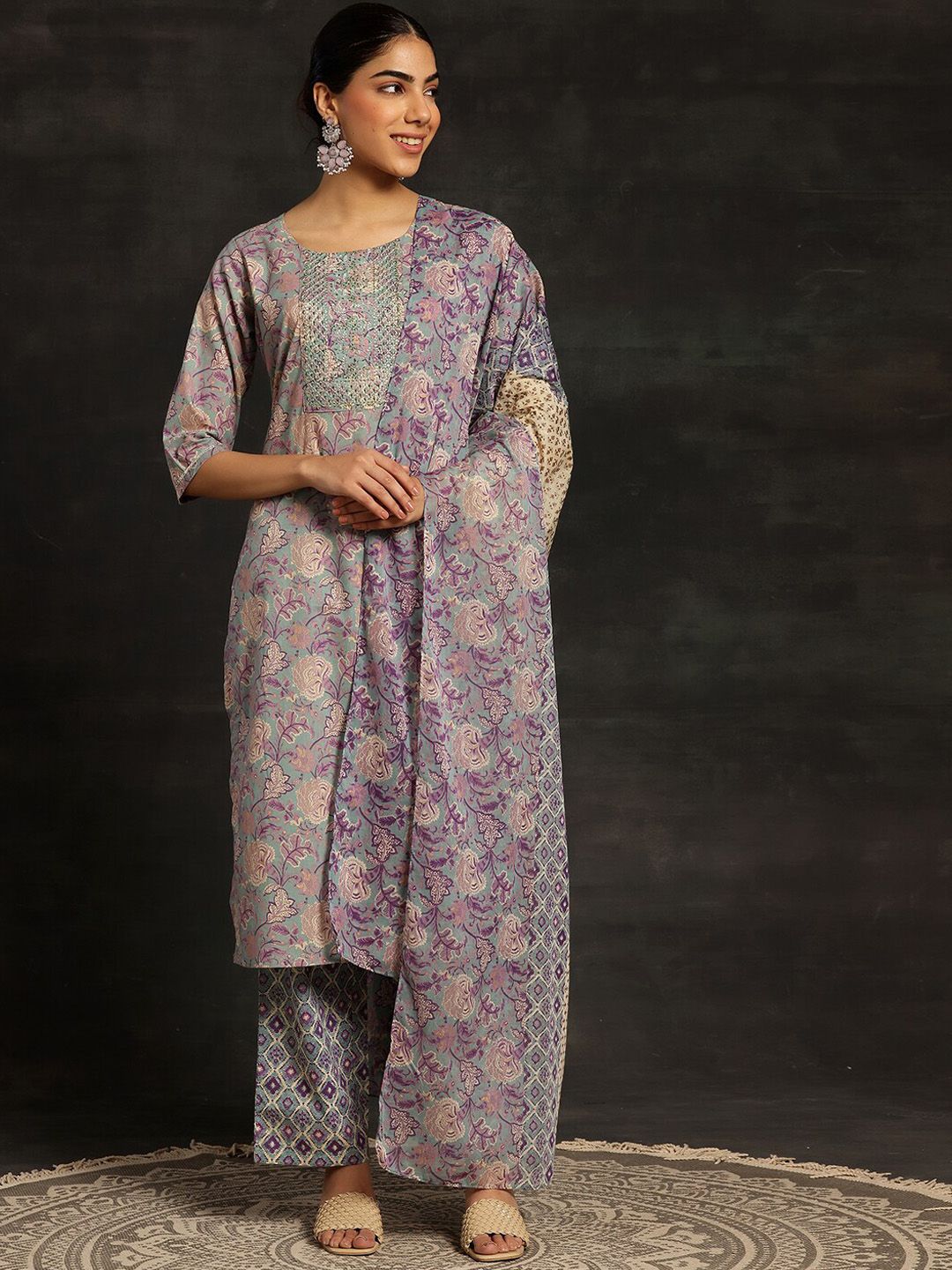 Libas Floral Printed Regular Sequinned Pure Cotton Kurta with Trousers & Dupatta