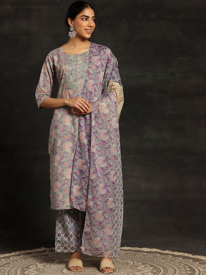 Libas Floral Printed Regular Sequinned Pure Cotton Kurta with Trousers & Dupatta
