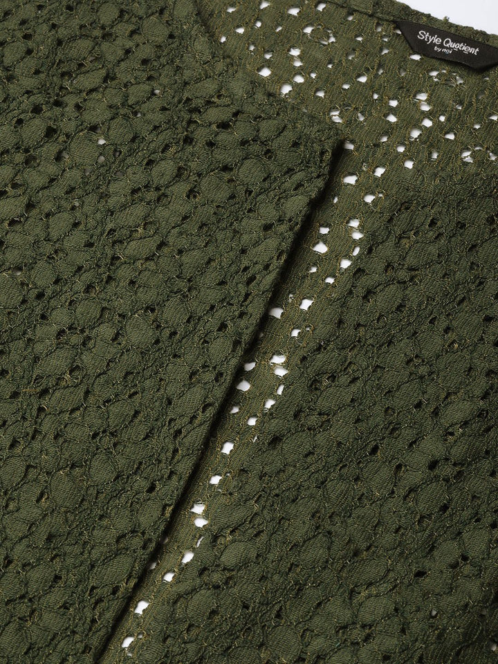 Style Quotient Women Olive Green Self Design Open Front Crop Shrug