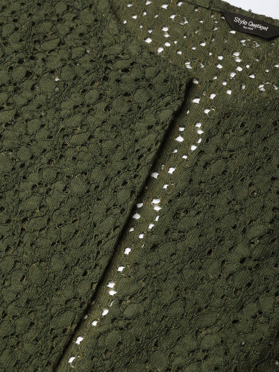 Style Quotient Women Olive Green Self Design Open Front Crop Shrug