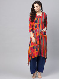 SOJANYA Women Grey & Red Checked Asymmetric A-Line Kurta