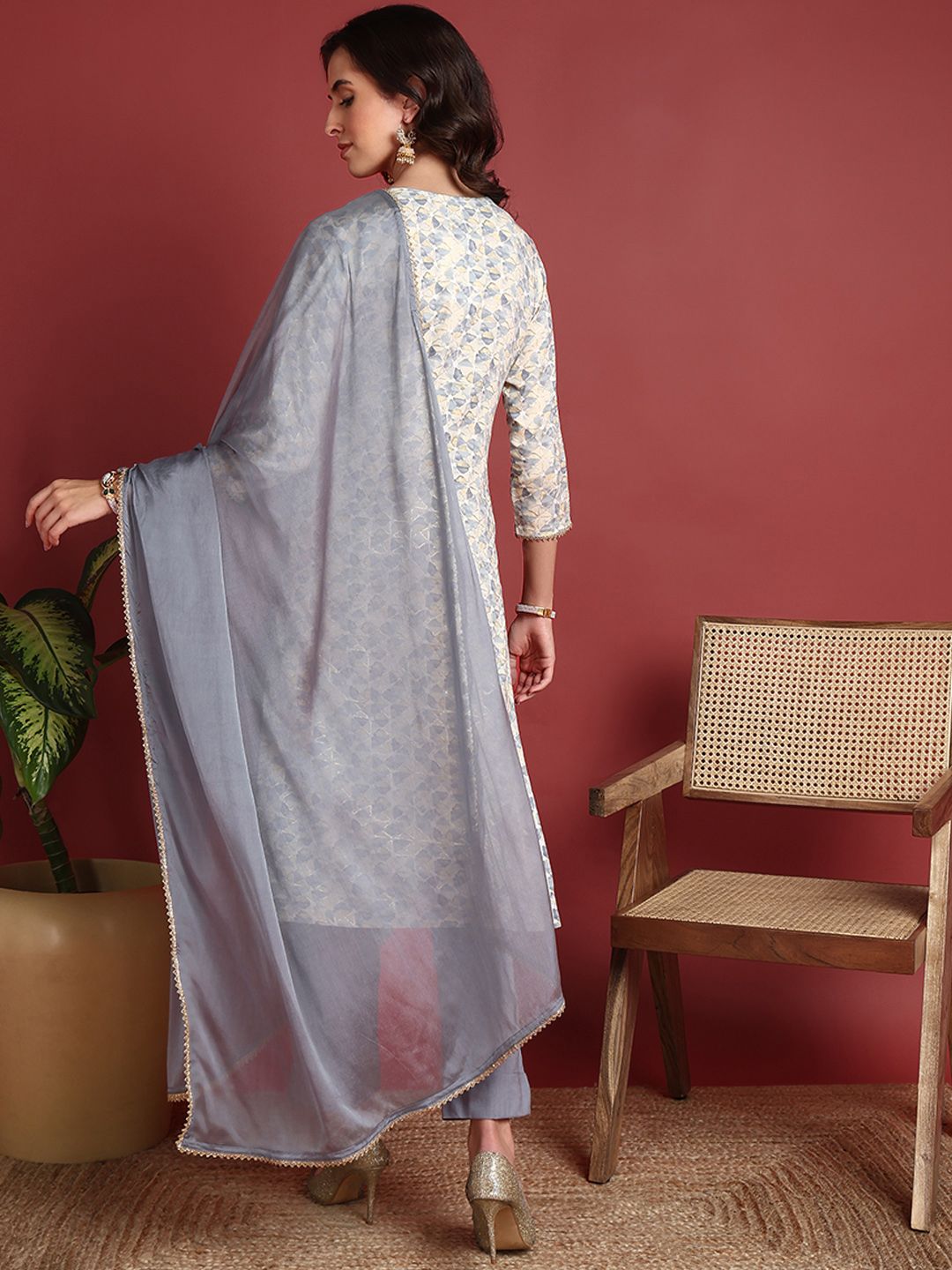 KALINI Women Printed Regular Sequinned Kurta with Trousers & With Dupatta