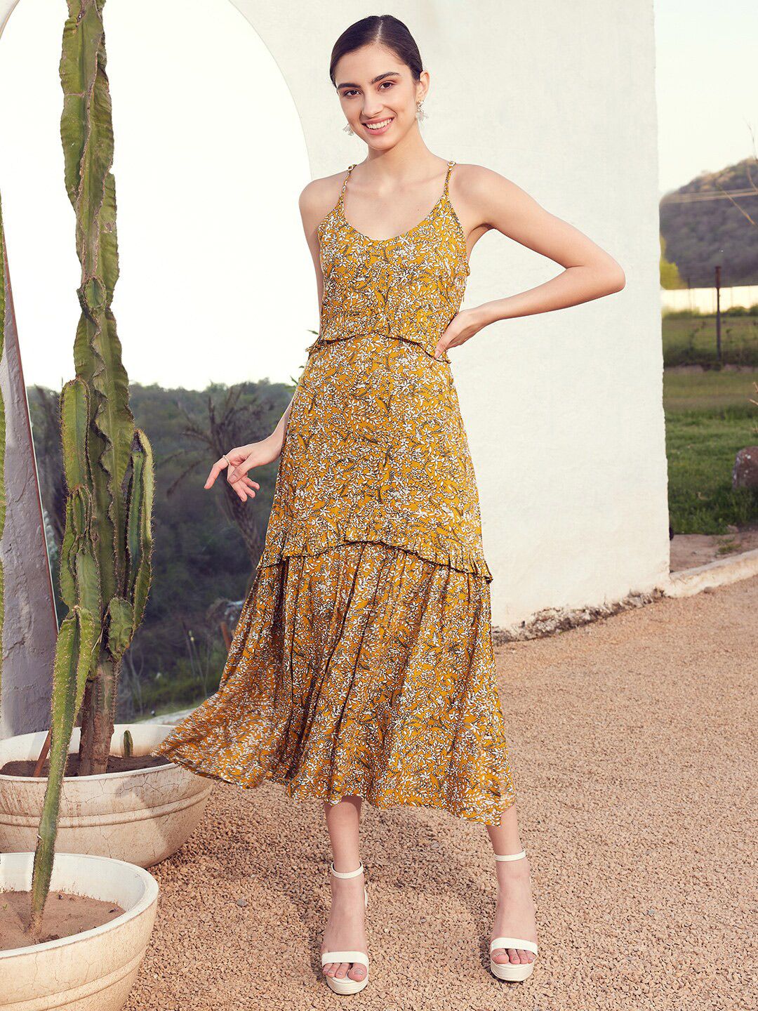 STREET 9 Floral Printed Ruflles Fit & Flare Midi Dress