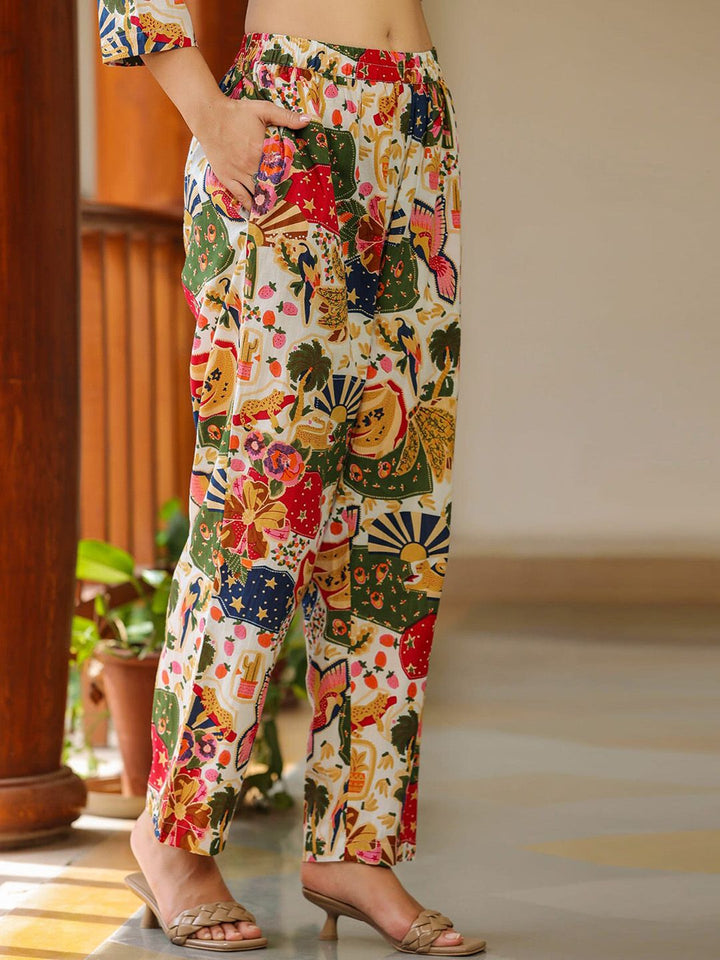 Rain & Rainbow Printed Pure Cotton Round Neck Tunic With Trousers