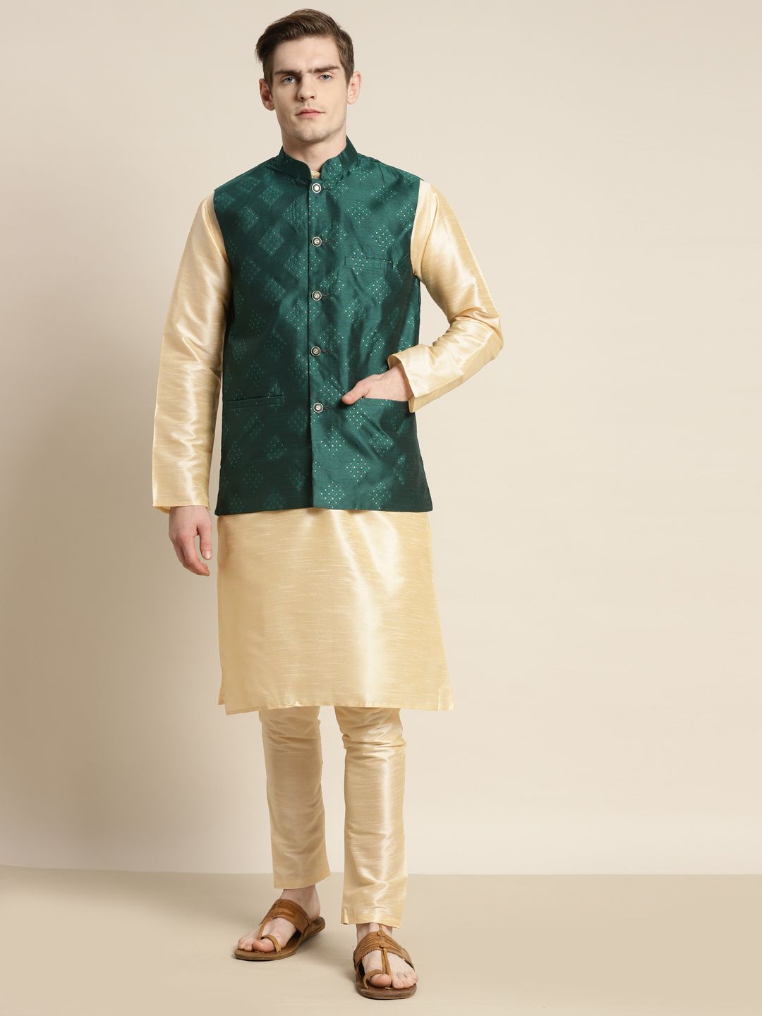 SOJANYA Men Solid Silk Blend Kurta with Churidar & Nehru Jacket