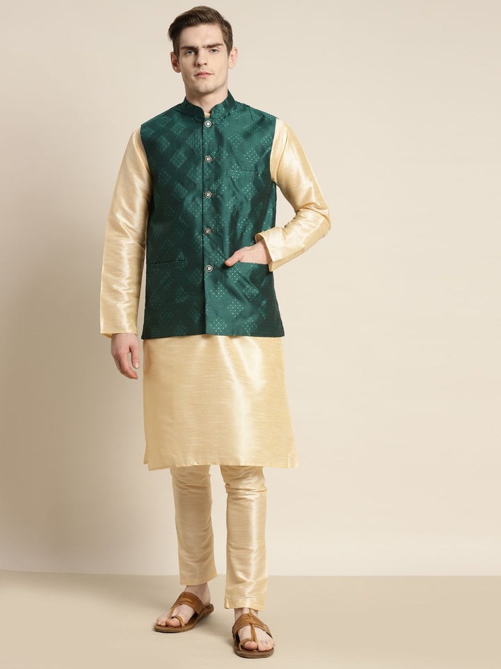 SOJANYA Men Solid Silk Blend Kurta with Churidar & Nehru Jacket