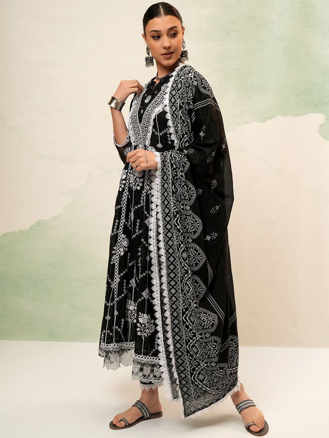 Vishudh Women Ethnic Motifs Embroidered Regular Pure Cotton Kurta with Trousers & Dupatta