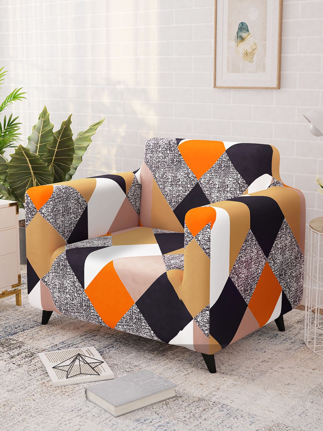 Story@home Orange & Beige Printed 1 Seater Stretchable Sofa Cover With Arms