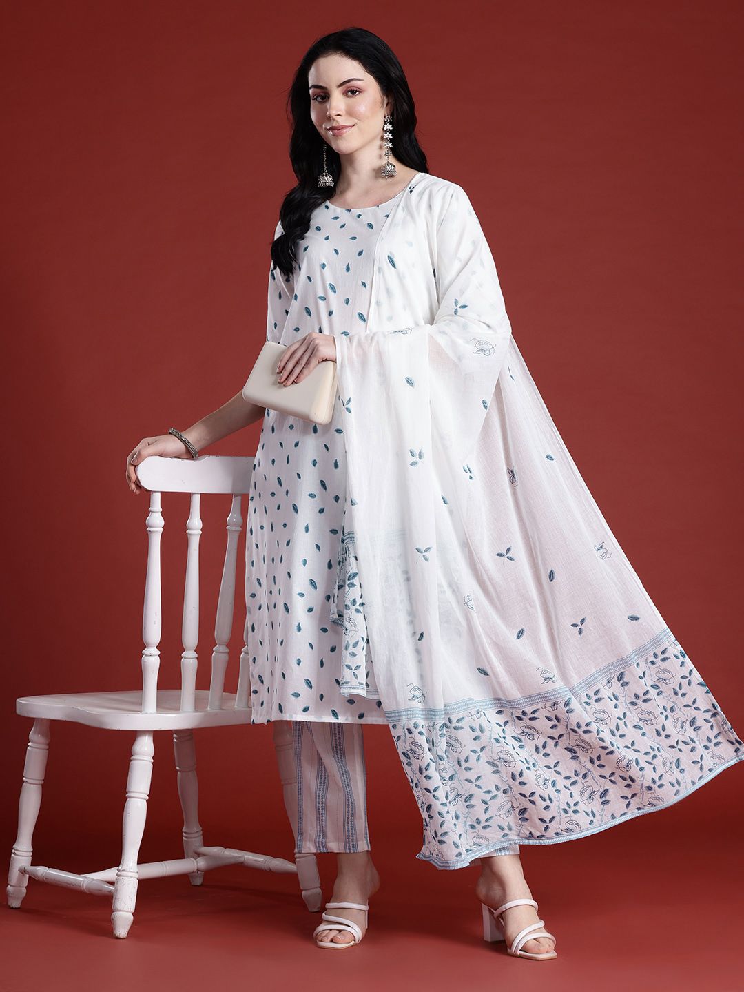 Anouk Floral Printed Regular Cotton Kurta with Trousers & With Dupatta