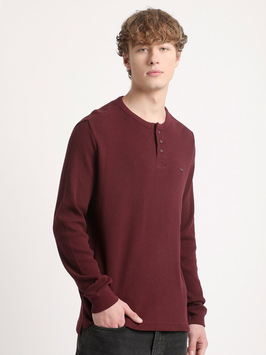 THE BEAR HOUSE Henley Neck Pure Cotton Slim Fit T-shirt