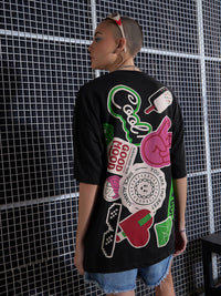 SASSAFRAS Black Graphic Printed Drop-Shoulder Oversized Pure Cotton T-shirt