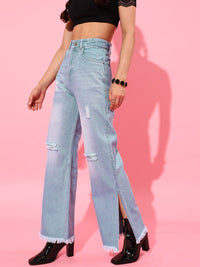 STREET 9 Women Blue Flared High-Rise Mildly Distressed Light Fade Pure Cotton Jeans