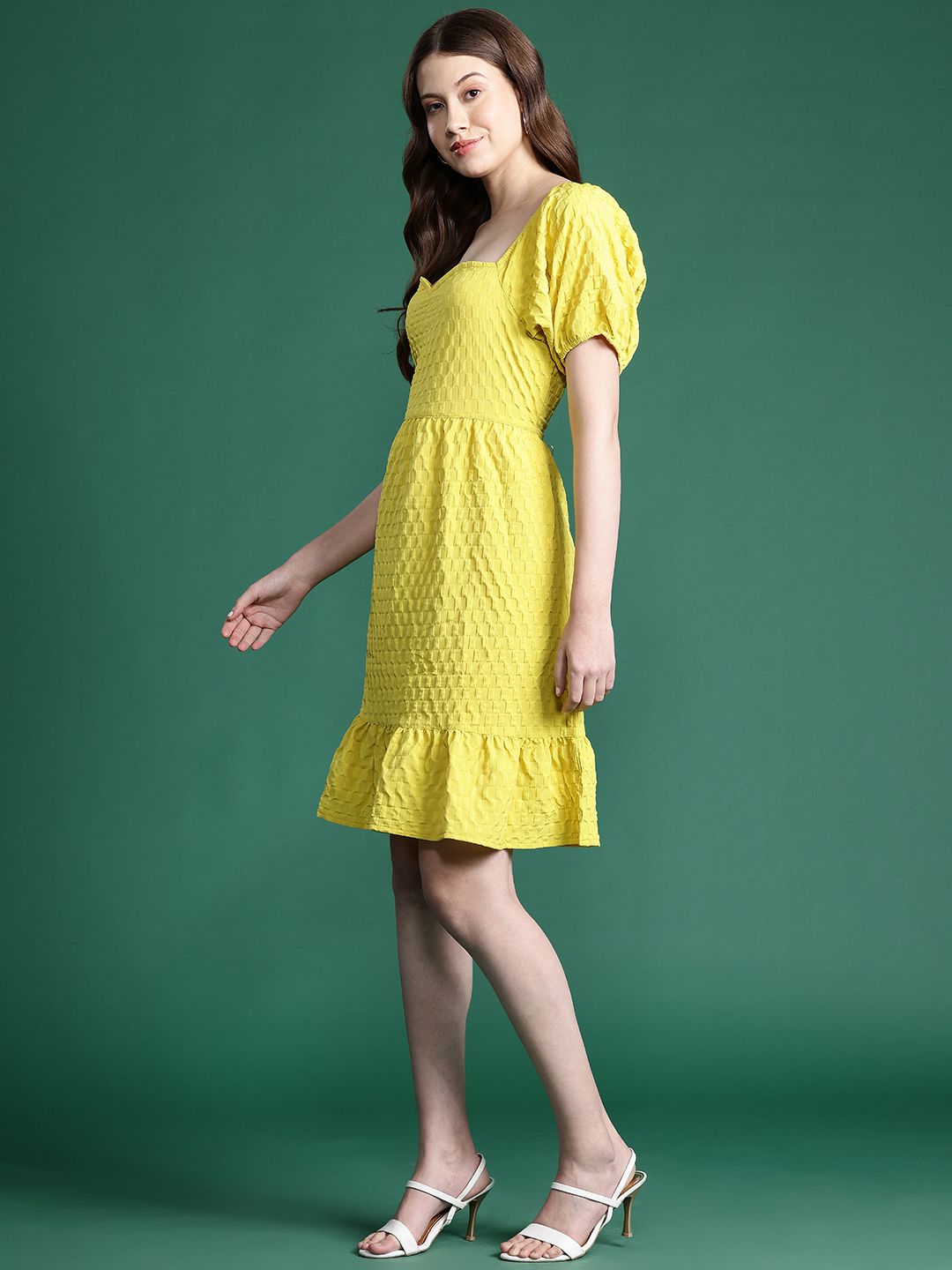 DressBerry Puff Sleeves Fit & Flare Textured Dress