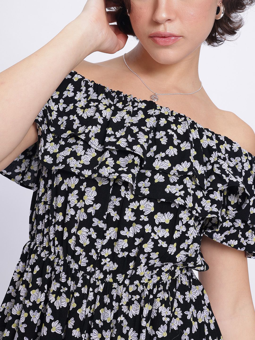 DressBerry Monochrome Florals Off-Shoulder A-Line Midi Dress