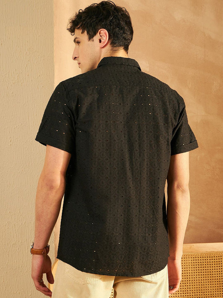 DENNISON Smart Self Black Design Spread Collar Schiffli Cotton Oversized Casual Shirt