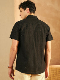 DENNISON Smart Self Black Design Spread Collar Schiffli Cotton Oversized Casual Shirt