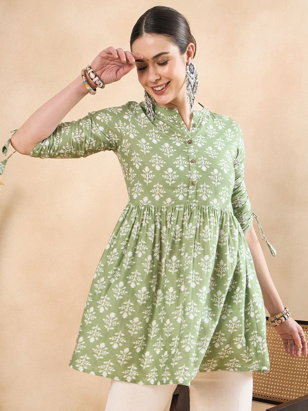 Anouk Floral Printed Ruched Pure Cotton A-Line Short Kurti