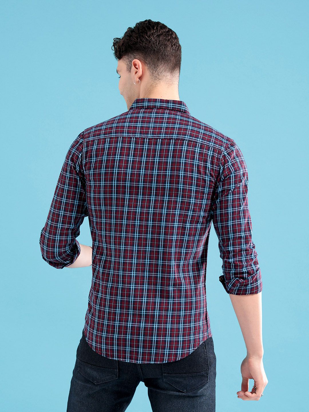 The Indian Garage Co Men Maroon & Blue Regular Fit Checked Casual Shirt