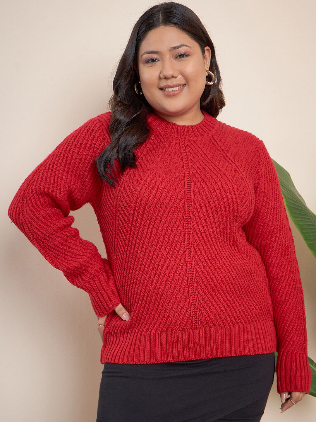 CURVY STREET Plus Size Geometric Self Design Pure Acrylic Pullover