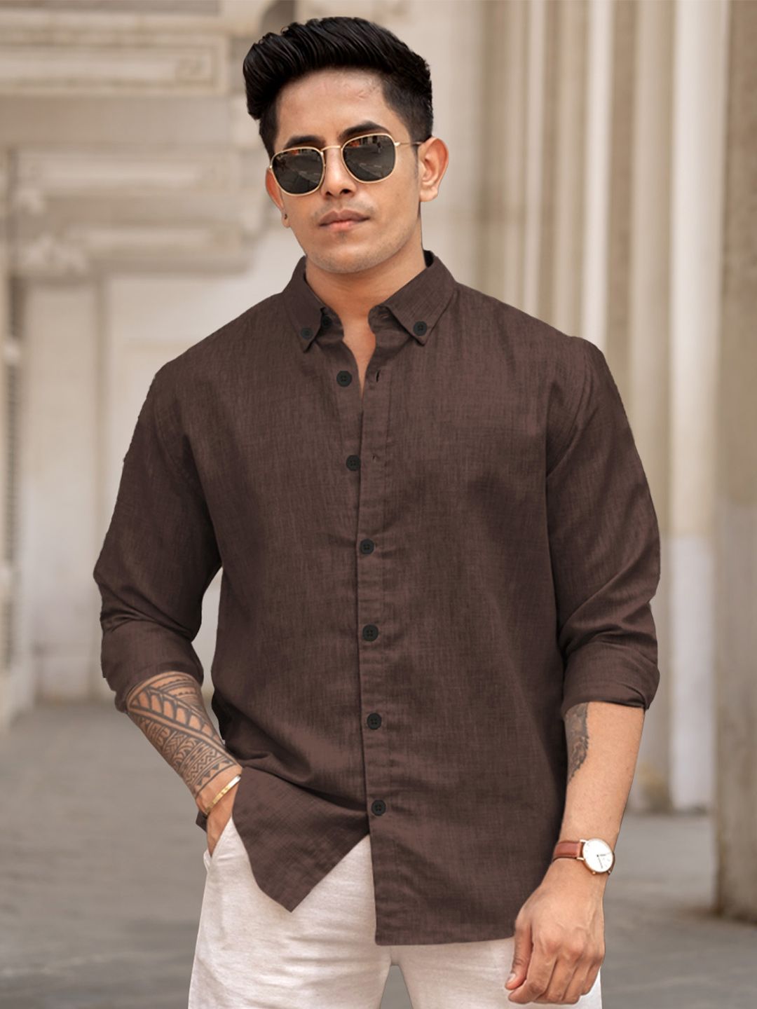 Powerlook Men Button-Down Collar Solid Cotton Casual Shirt