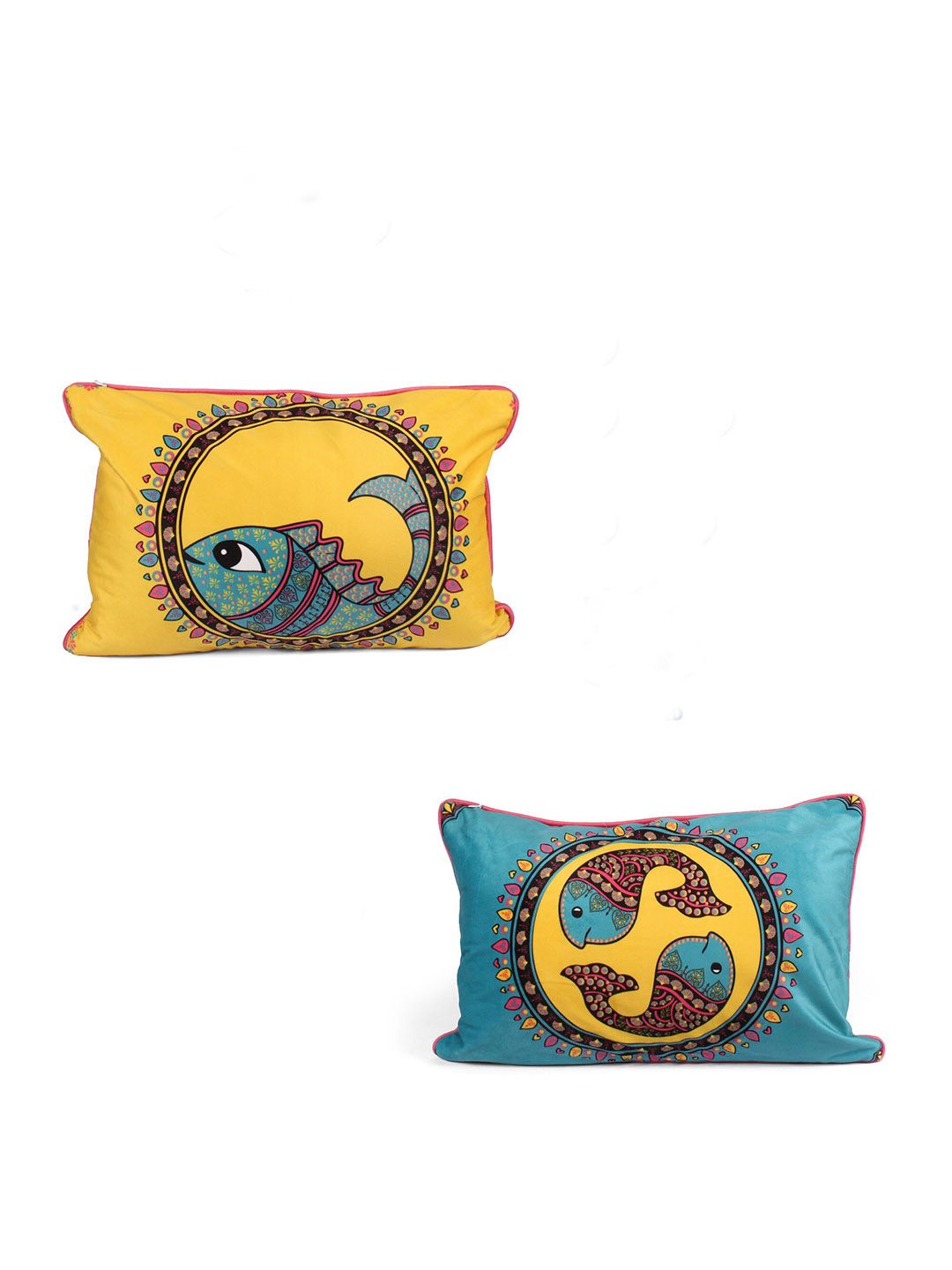 STITCHNEST Yellow & Blue 2 Pieces Ethnic Motifs Printed Velvet Rectangle Cushion Covers