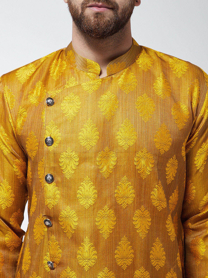 SOJANYA Lelaki Mustard Jacquard Silk Sulam Kurta Lurus
